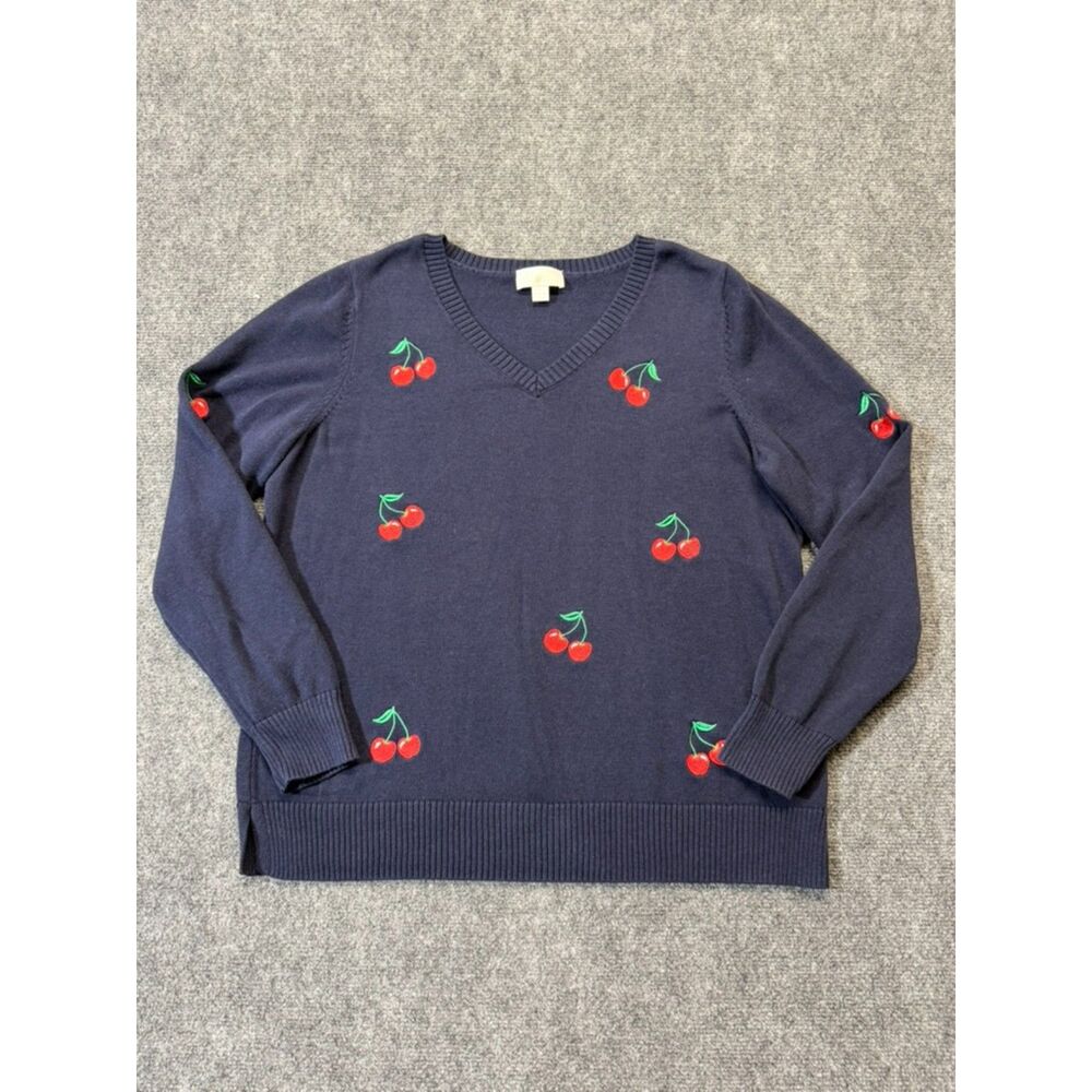 Belle Kim Gravel Women L Navy Cherry Embroidered V Neck Sweater Cotton Rayon